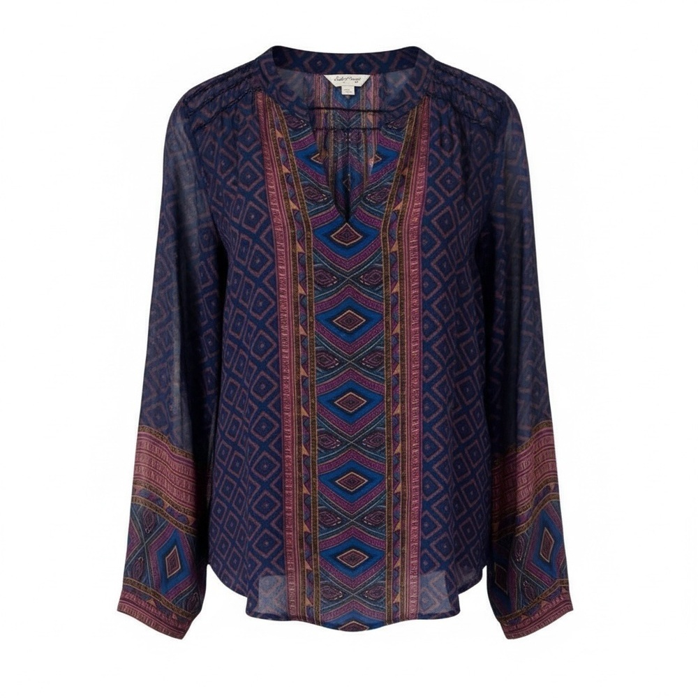 Lucky Brand Navy & Purple Geometric Women's V Neck Long Sleeve Size L